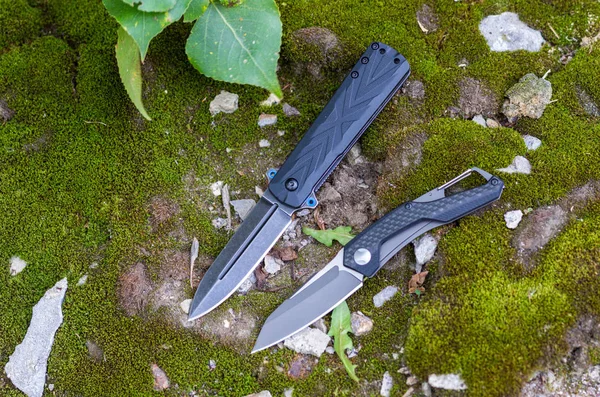 Two folding knives. Knives with different handles. Photo on the background of moss.