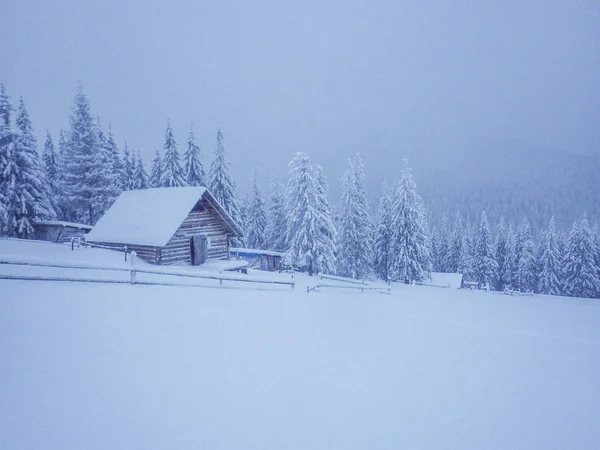 Casa Isolata Montagna Casa Legno Sotto Neve — Foto Stock