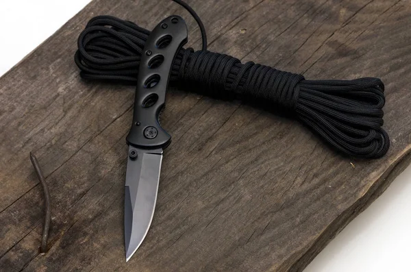 Cuchillo Turístico Para Viajar Sobre Fondo Madera Vista Superior — Foto de Stock