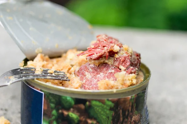 粥加肉 罐装食品 豌豆粥和肉 前视图 — 图库照片