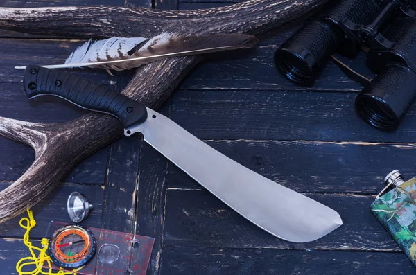 Knife Hunter Machete Background Horn Deer Horn Compass Feather — Stock Photo, Image