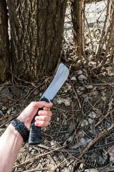 Das Machetenmesser Seiner Hand Der Mann Hält Ein Messer Der — Stockfoto