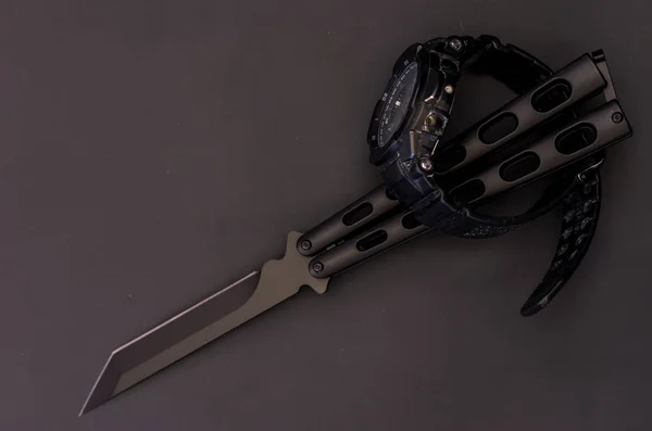 Черный Нож Черные Часы Вид Сверху Черное Черном Топ — стоковое фото