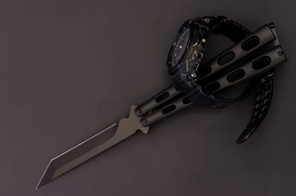 Coltello Nero Orologio Nero Vista Dall Alto Nero Nero Inizio — Foto Stock