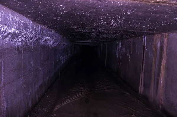 狭窄的矩形隧道 地面下的湿气和水分都很大 黑暗的方式 — 图库照片