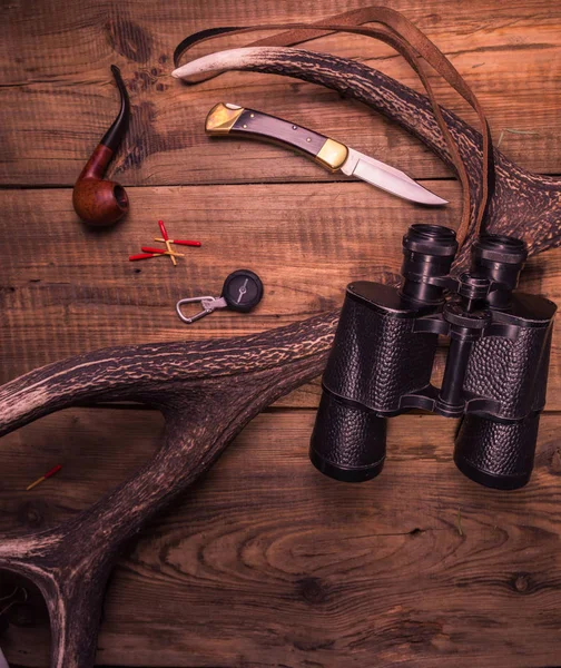 Necessary Things Hunter Tracker Equipment Knife Binoculars Hunter Vertical Frame — Stock Photo, Image