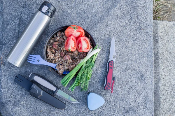 The composition of food and appliances. Still life of food and appliances. — Stock Photo, Image