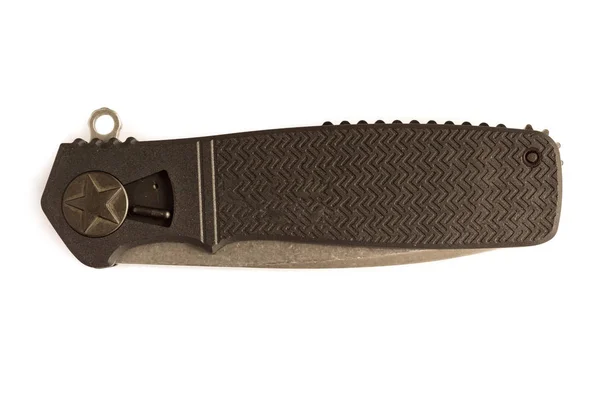 Folding knife with a black handle. Knife with a star.