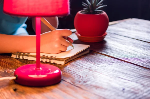 Write a letter. Secret note. Write in pencil in a notebook.