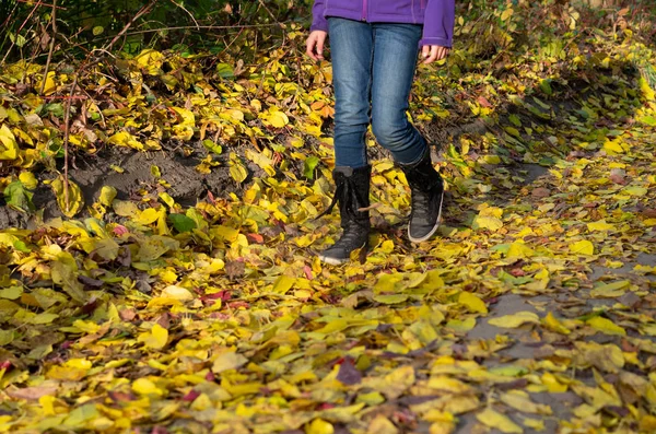 Feet walking along the path. Autumn path. Walk in the fall.