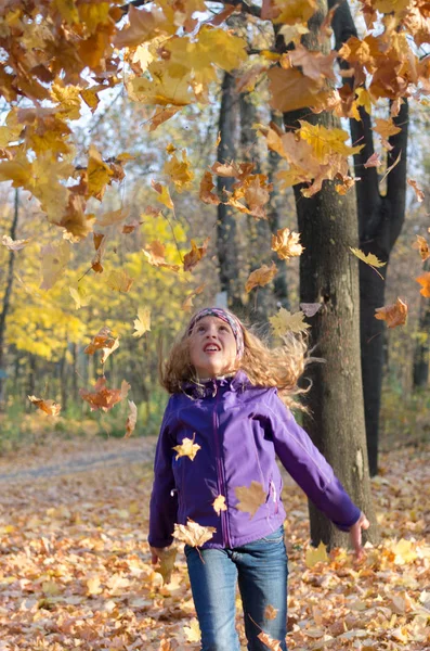 Autumn foliage falling on a girl. Yellow maple leaves.