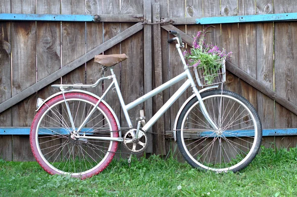 Ρουστίκ θηλυκό ποδήλατο. Αγριολούλουδα και ποδήλατο. Καλάθι λουλουδιών. — Φωτογραφία Αρχείου