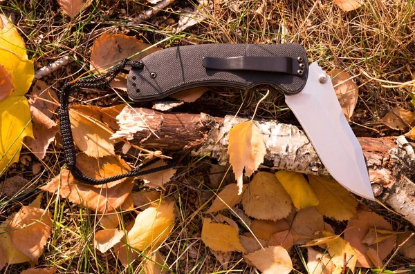 Folding knife in a bent position. Knife with clip for wearing.