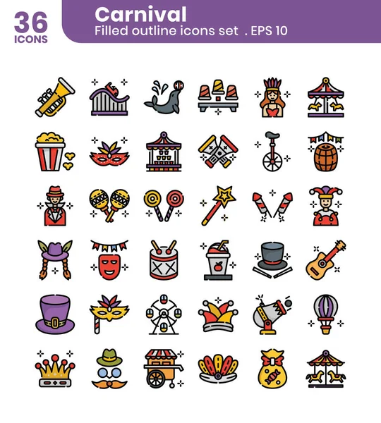 Carnival Icons Bundle Filled Outline Icon Style Vector Illustration — Stock Vector