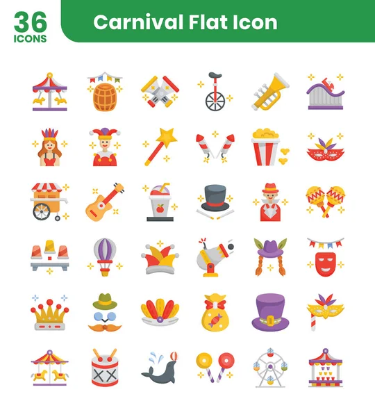 Paquete Iconos Carnaval Icono Plano Style Vector Ilustración — Vector de stock