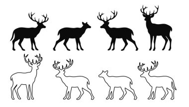 Vahşi geyik silueti koleksiyonu ve ana hatları. Noel süslemesi için mükemmel. Vektör illüstrasyonu..