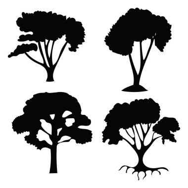 Dört farklı ayrıntılı ağaç siluetinden oluşan bir set. Vektör illüstrasyonları koyu siyah renktedir ve açıkta kalan kökleri de içeren çeşitli şekil ve stilleri göstermektedir..