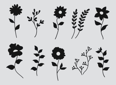 Çeşitli çiçek ve yapraklardan oluşan bir yaratıcı vektör kümesi. Katı siyah siluet. Vektör illüstrasyonu