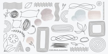 Duvar sanatı için doğa unsurları minimum poster koleksiyonu. İskandinav tarzı soyut el duvar çizimi sanat dekoru.