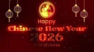 Happy Chinese New Year 2026 text animation with golden lanterns and a horse emblem.