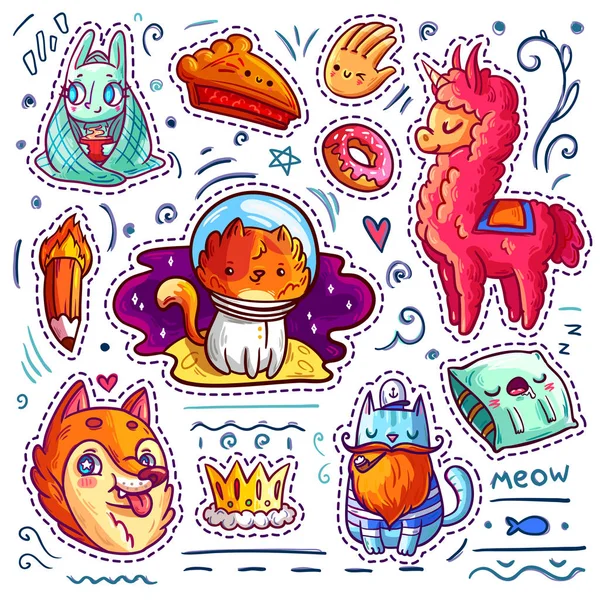 Conjunto Pegatinas Frescas Con Dibujos Animados Animales Divertidos Comida Cosas — Vector de stock