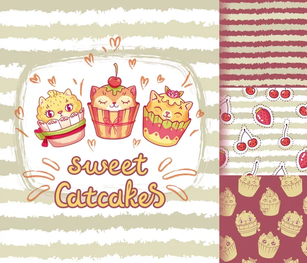 Illustrazione Con Dolci Cupcake Gatto Con Scritte Serie Modelli Senza — Vettoriale Stock