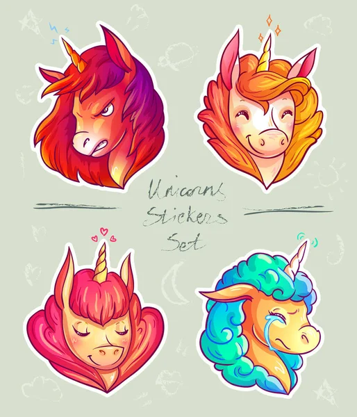 Set Cute Cartoon Unicorns Different Emotions Vector Hand Drawn Illustration — Stock Vector