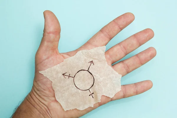 Symbol Eines Transsexuellen Offener Hand Auf Blauem Hintergrund — Stockfoto