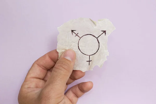 Symbol Für Transgender Der Hand Auf Violettem Hintergrund Nahaufnahme — Stockfoto