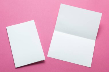 Boş kare iki yaprak broşür pembe arka plan izole. Mock-up.