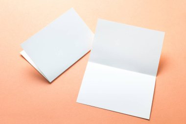 Boş kağıt broşür, kartvizit, broşür turuncu bir arka plan üzerinde düzen.