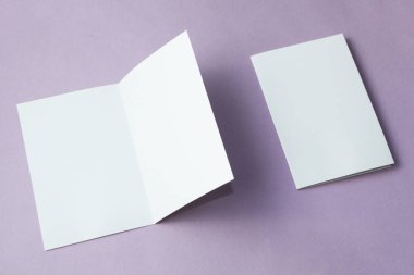 Boş kare iki yaprak broşürler mor arka plan üzerinde izole. Metin için yer.