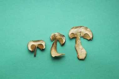 Üç dilim kuru çörek mantarı izole üzerinde yeşil arka plan.