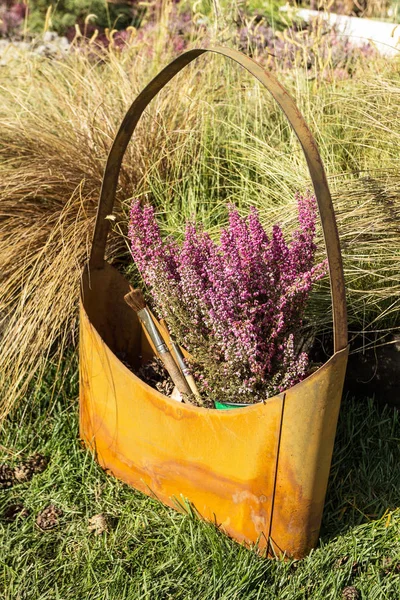 En metal rusten kvindelig håndtaske med kvaster og en blomst af heathe - Stock-foto