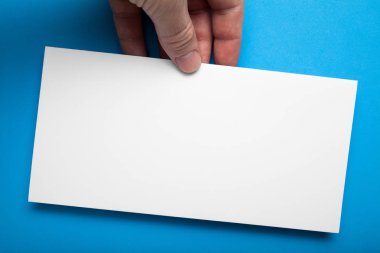 Mavi bir arka plan üzerinde beyaz boş Dl el ilanı Mock-Up.