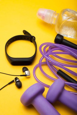 Spor ekipmanları. Dumbbells, ip atlama, fitness bilezik, wat