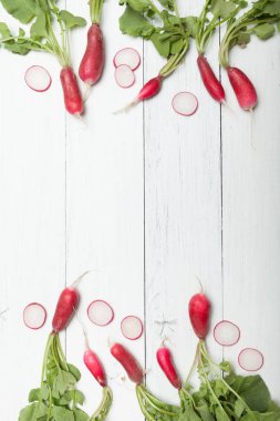 Biyo turp demet, tarım. Lezzetli taze yemekler. Dikey, metin için kopyalama alanı.