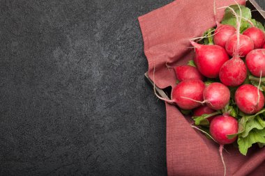 Egzotik kırmızı turp, kırmızı ve beyaz sebze yemekleri. Metin için alan kopyalama.