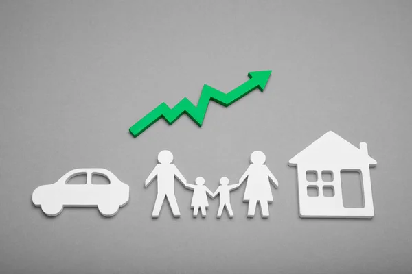 Happy family affluence growth. Insurance and protect life. Growing chart, arrow.
