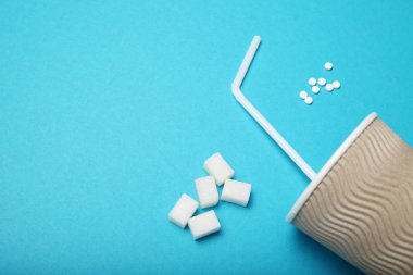 Tatlandırıcı haplar, şeker kutusu. Aspartam, sucralose, stevia rebaudi