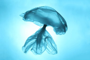 Ekolojik felaket ve dünya okyanusunun kirliliği. Ağıl resiflerinin ve faunanın yaşamındaki plastik kalıntılar. Bir denizanasının silüeti olarak kullanılan çanta..