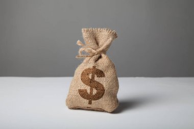 Çuval dolusu para ve gri arka planda dolar silueti. Sembol