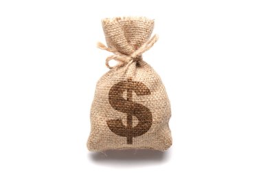İçinde para ve dolar sembolü olan çanta. Beyaz arkaplanda izole et.