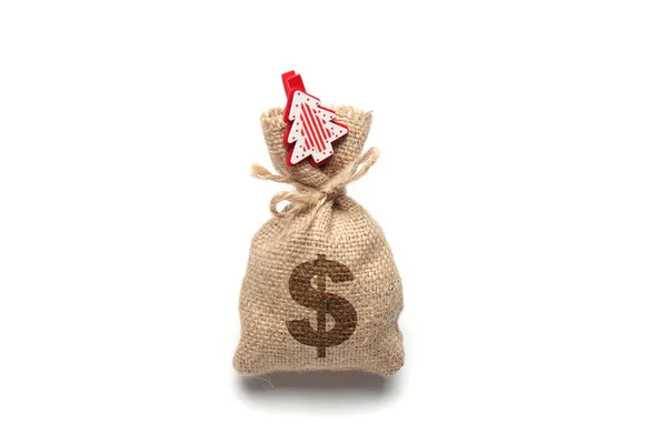 돈, 달러 사인, 새해 및 C 가 들어 있는 흰 가방에 격리되어 있다 — 스톡 사진