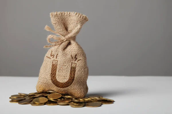 Bolso vintage con dinero en monedas de oro. Símbolo de imán y attra —  Fotos de Stock