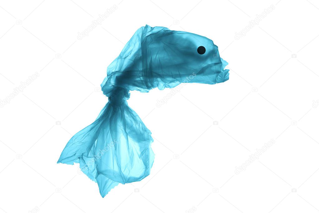 Plastic trash in the sea. Pollution of the world ocean waste. Silhouette of fish from a used plastic bag. Isolated on white background.