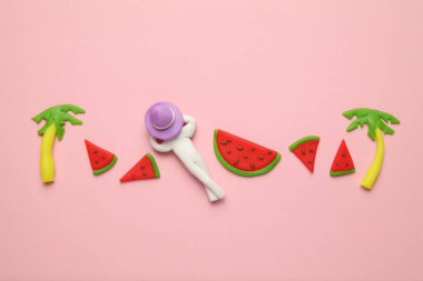 LILO, karpuz ve palmiye ağaçlarıyla yaz tatili konsepti. Tropikal gevşeme zevki.