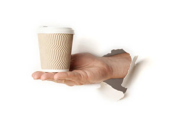 Papieren Kopje Hete Koffie Thee Hand Geïsoleerd Witte Achtergrond — Stockfoto