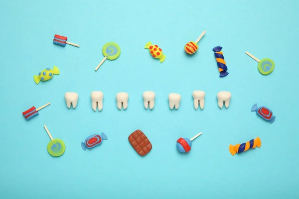 Dentes Com Doces Doces Cárie Dentária Crianças Saúde Dentária — Fotografia de Stock