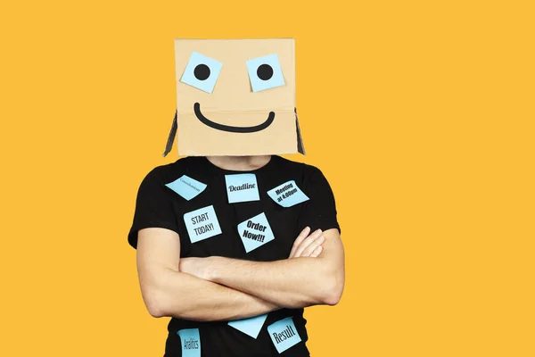Homem Irresponsável Confuso Com Uma Caixa Emoji Cabeça Não Pode — Fotografia de Stock